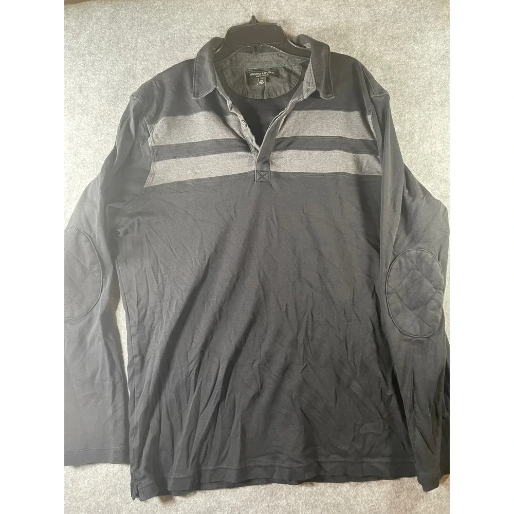 Banana Republic Luxury Touch Mens XL Tall Long Sleeve Polo Black Grey Striped